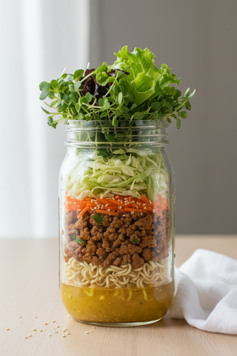 salade en pot dans le fond vinaigrette jaune, nouilles ramen, par dessus porc haché assaisonné, par dessus choux vert émincé, carottes râpées, graines de sésame, micropoussess et laitue