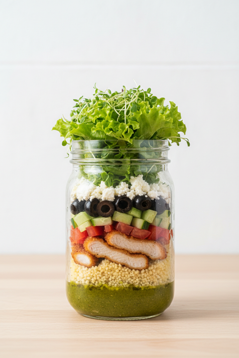 salade en pot du bas vers le haut: vinaigrette verte, couscous, escaloppes de porc pané tranché, tomates, concombre, olives noirs, fromage fêta, laitue et micropousses