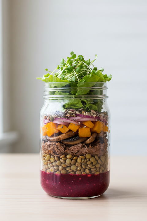 salade en pot du fond vers le haut: vinaigrette rouge, lentilles verte, boeuf effiloché, champignons sauté, courge roti en dés, onions marinés, graines, laitue et micropousses